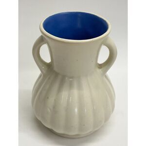 Vintage Art Deco RumRill Handmade Double-Handle 6" Vase 320 White/Blue Pottery